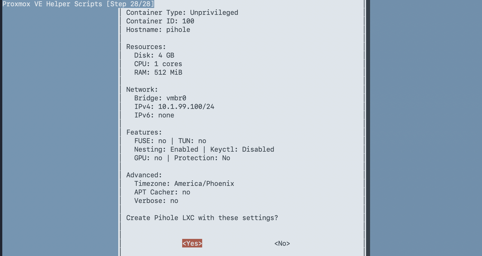 Creation summary showing all container settings