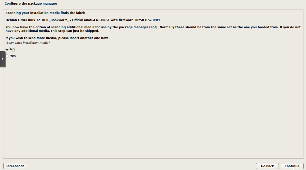 Debian installer scan extra installation media prompt with No selected