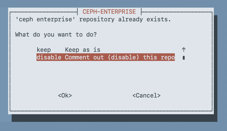 Whiptail dialog for the ceph enterprise repository with options to keep or disable, with disable selected