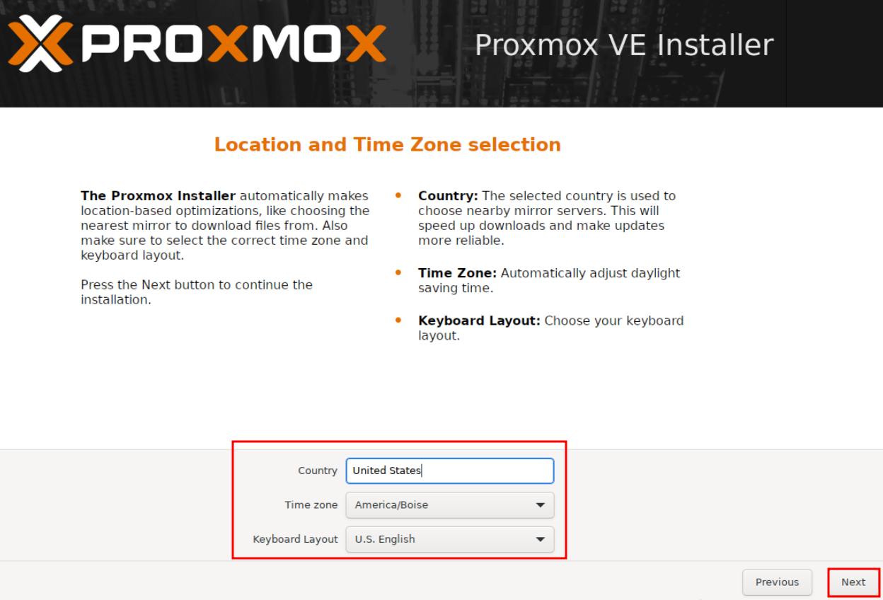 Proxmox VE Installer Location and Time Zone selection showing Country set to United States, Time zone set to America/Boise, and Keyboard Layout set to U.S. English