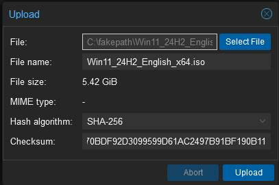 Proxmox ISO Upload Dialog