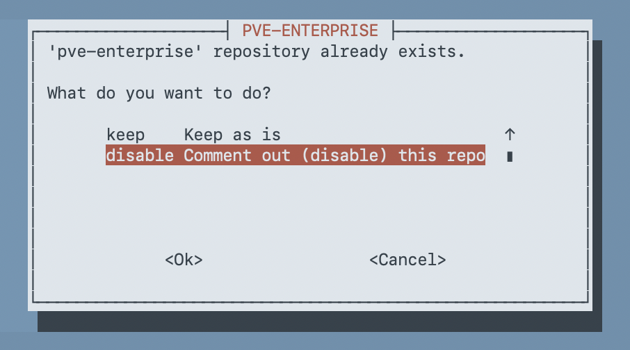 Whiptail dialog for the pve-enterprise repository with options to keep or disable, with disable selected